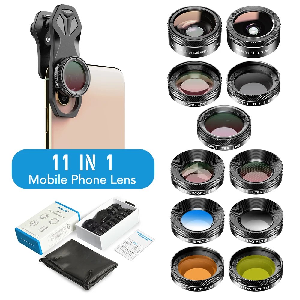 APEXEL 11 in 1 Phone camera Lens Kit fisheye wide lens Full Colorgrad Filter CPL ND Star Filter for iPhone Xiaomi all Smartphone APEXEL 11 in 1 Phone camera Lens Kit fisheye wide lens Full Colorgrad Filter CPL ND Star Filter for iPhone Xiaomi all Smartphone