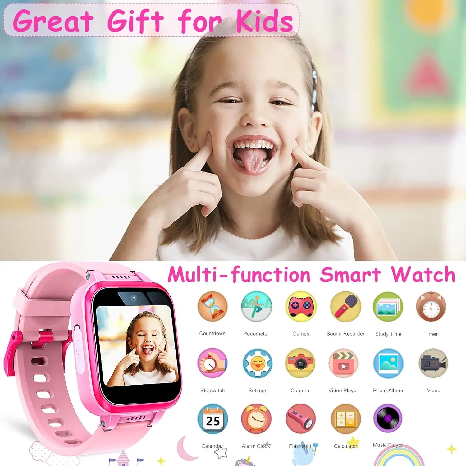 Kids Smart Watch with 90°Rotatable Camera Smartwatch Touch Screen Kids Watch Music Pedometer Flashlight Games Digital Wrist Watc